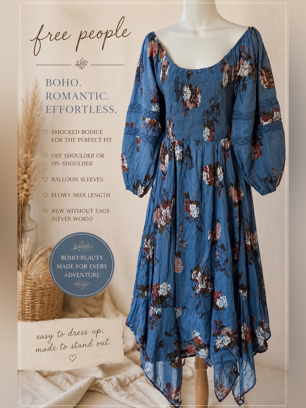 Free People Blue Floral Boho Midi Dress Smocked Off Shoulder Bohemian NWT